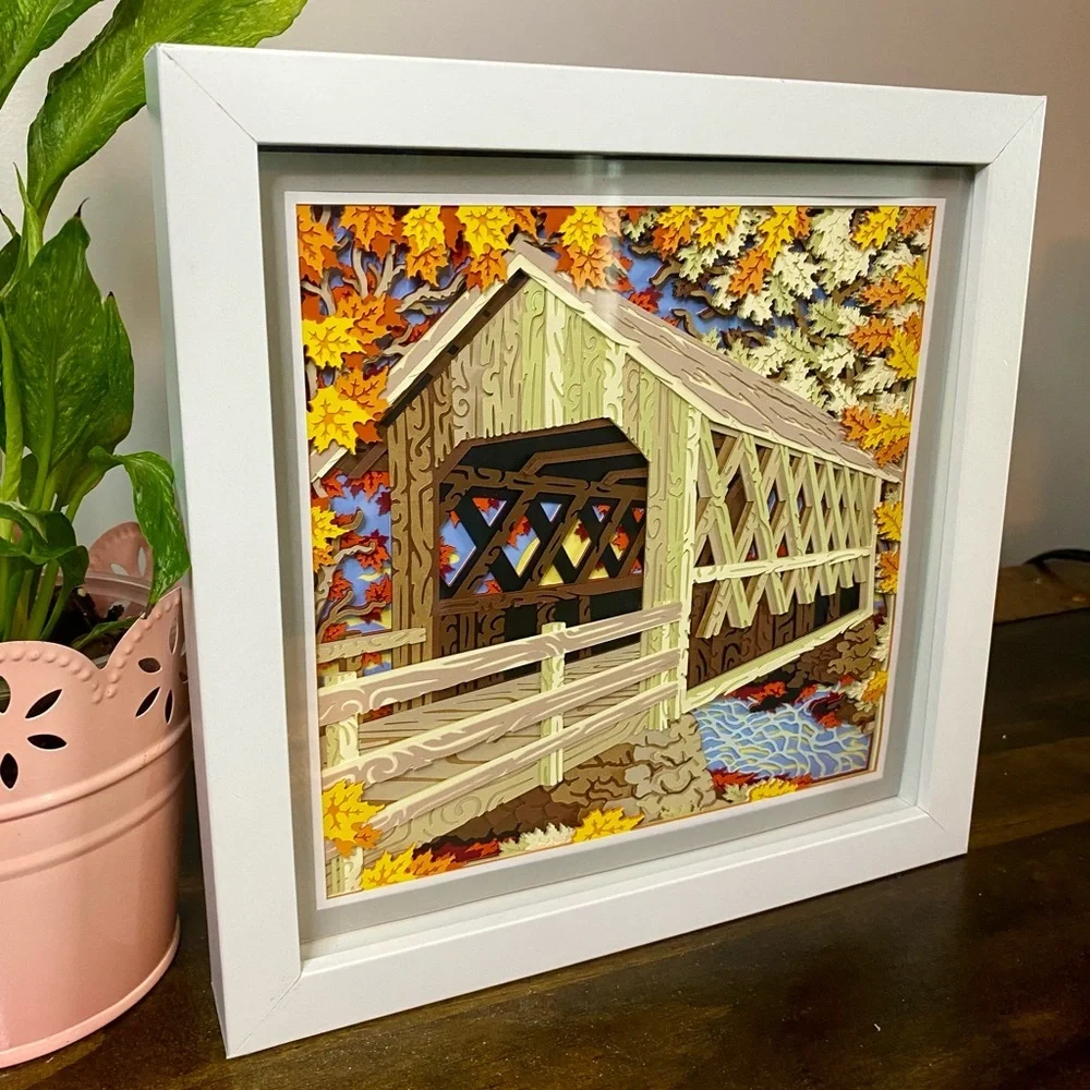 3D Fall Covered Bridge Shadowbox